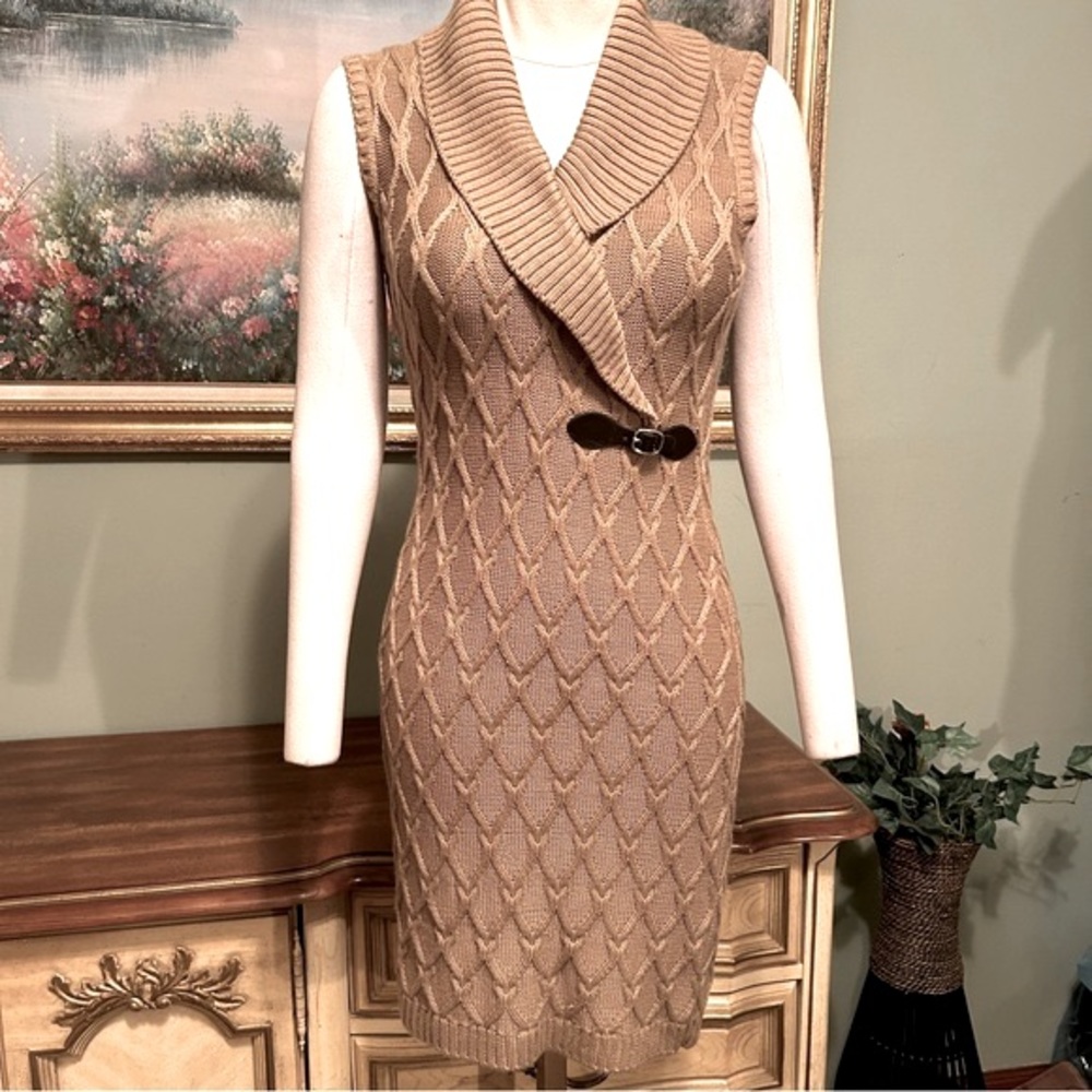 Calvin Klein Tan Beige Sleeveless Cable Knit Shawl Collar Buckle Sweater Dress